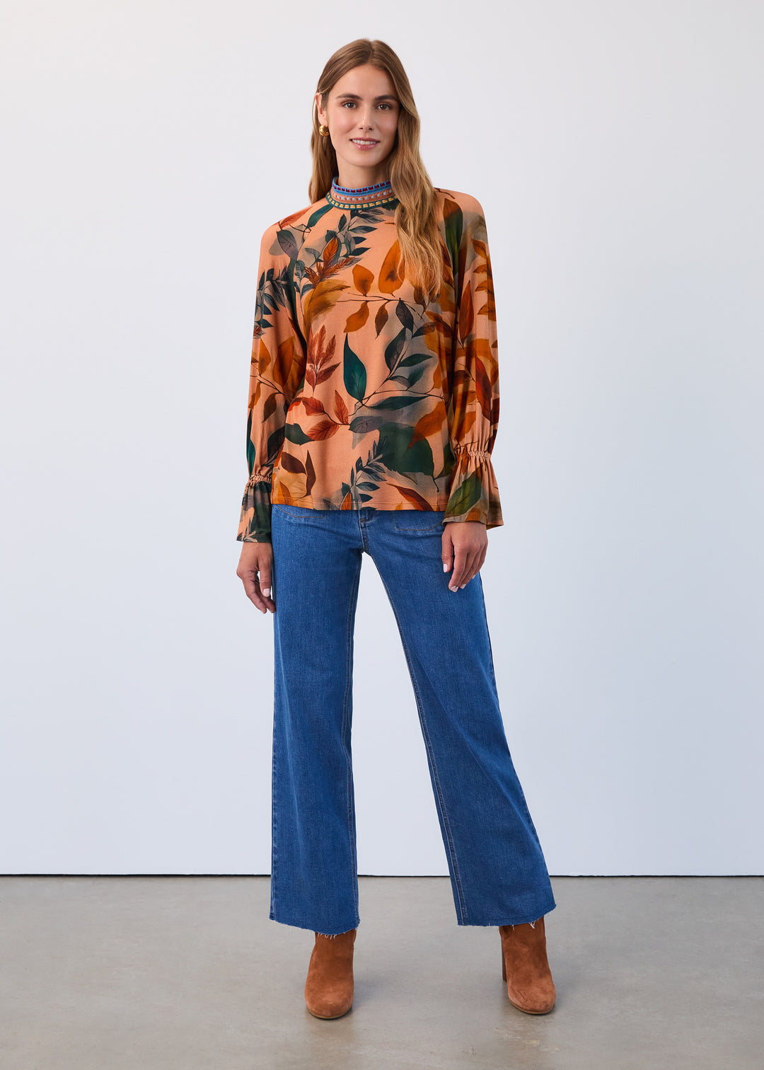 Miriam Mock Neck Leaf Print Top