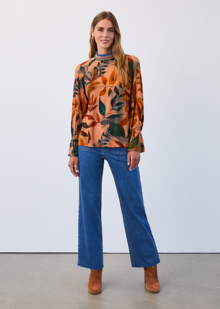 Miriam Mock Neck Leaf Print Top