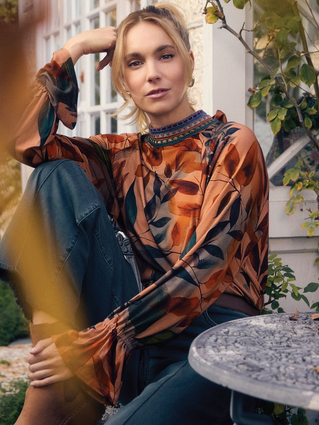 Miriam Mock Neck Leaf Print Top