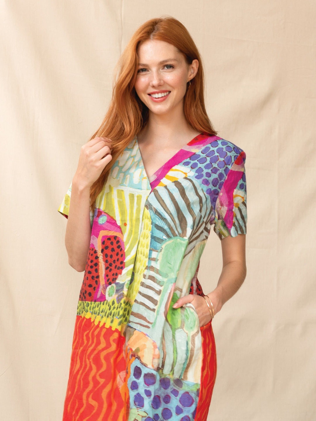 Morning Hike Print Front Pleat Linen Dress