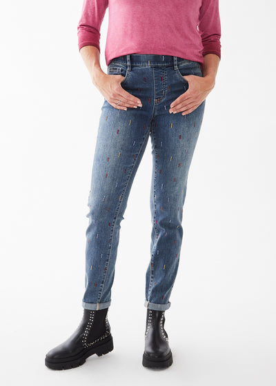 Multicolour Embroidered Pull On Jean