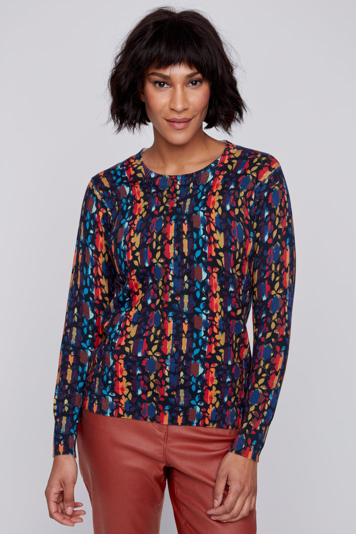 Multicolour Leaf and Stripe Print Sweater