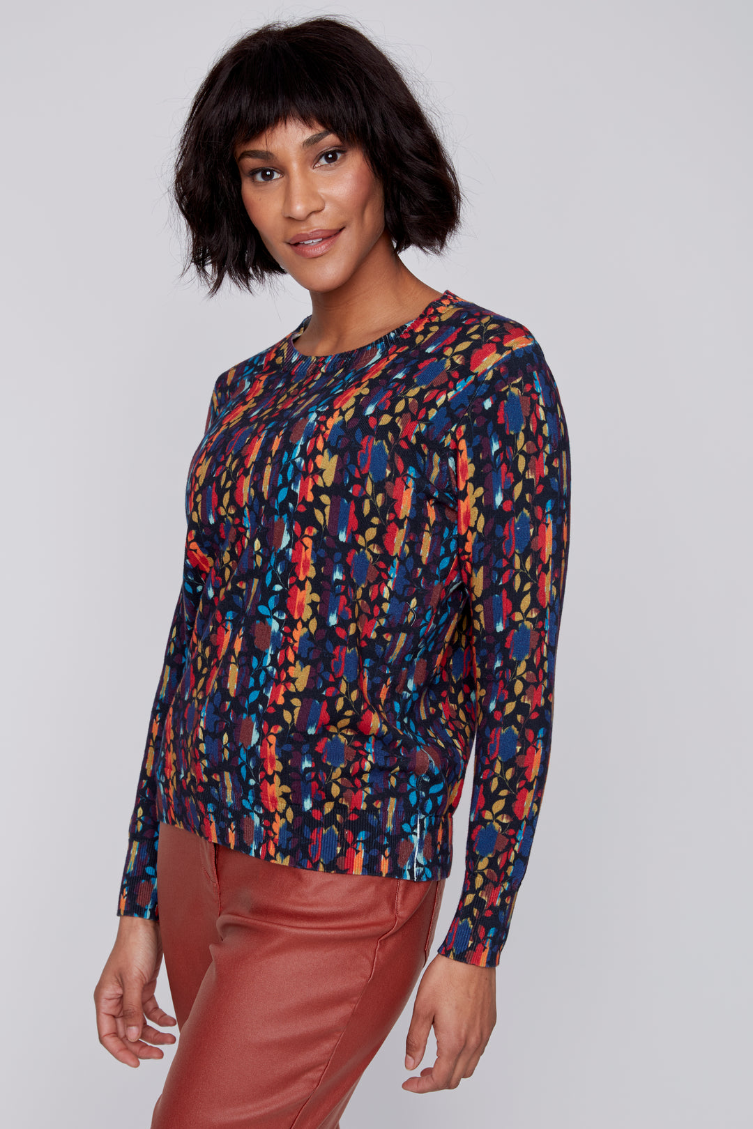 Multicolour Leaf and Stripe Print Sweater