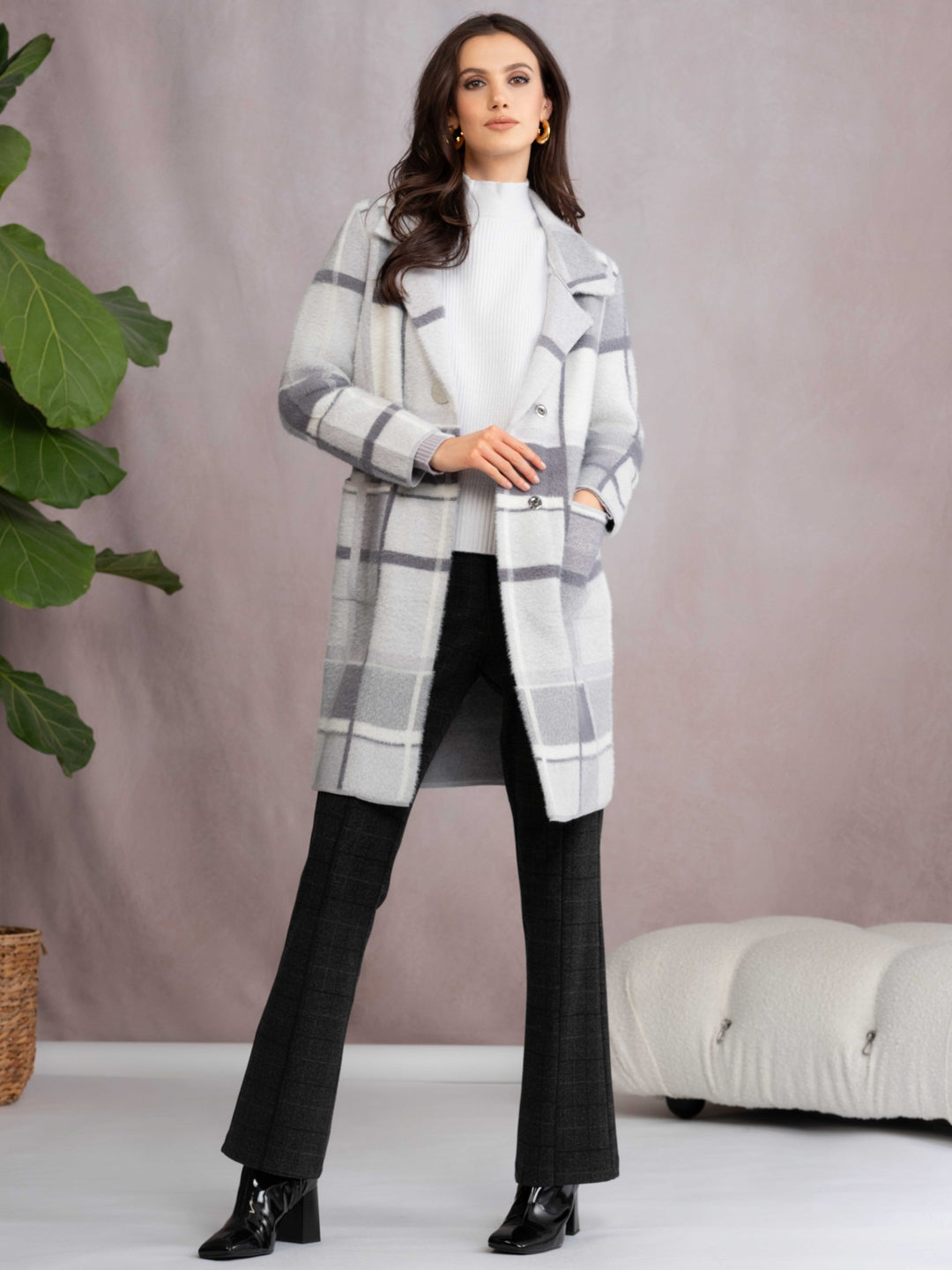 Muted Grey Plaid Sweater Coat