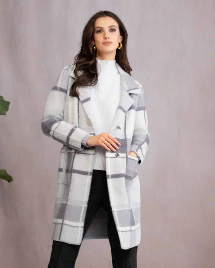 Muted Grey Plaid Sweater Coat