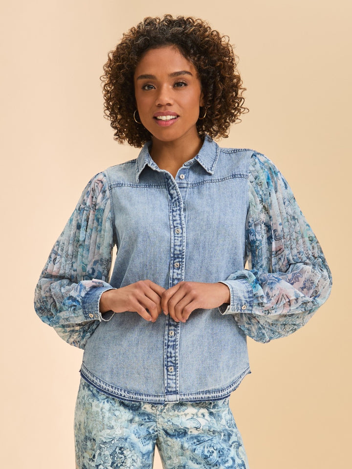 Narnia Print Pleated Chiffon Sleeve Chambray Shirt