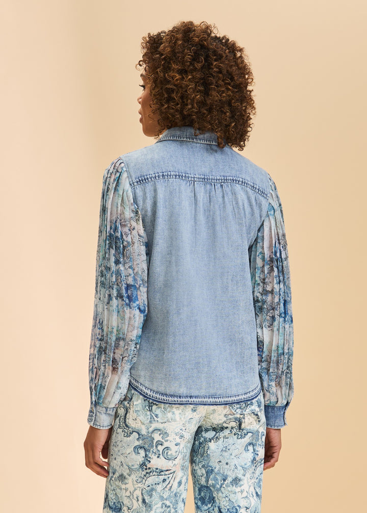 Narnia Print Pleated Chiffon Sleeve Chambray Shirt