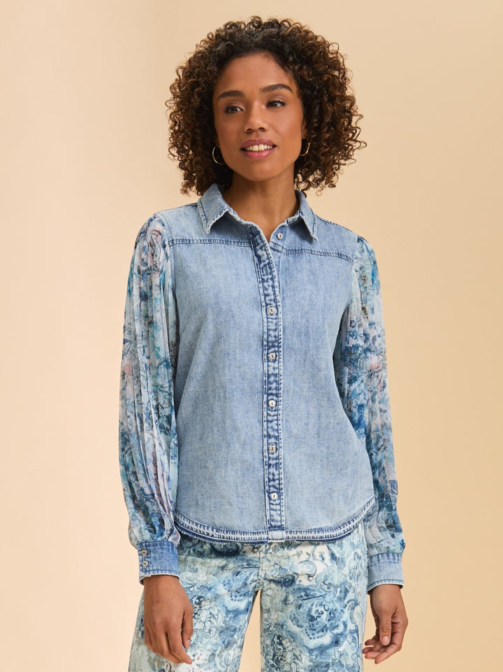 Narnia Print Pleated Chiffon Sleeve Chambray Shirt