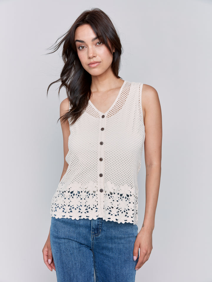 Natural Button Front Crochet Vest Top