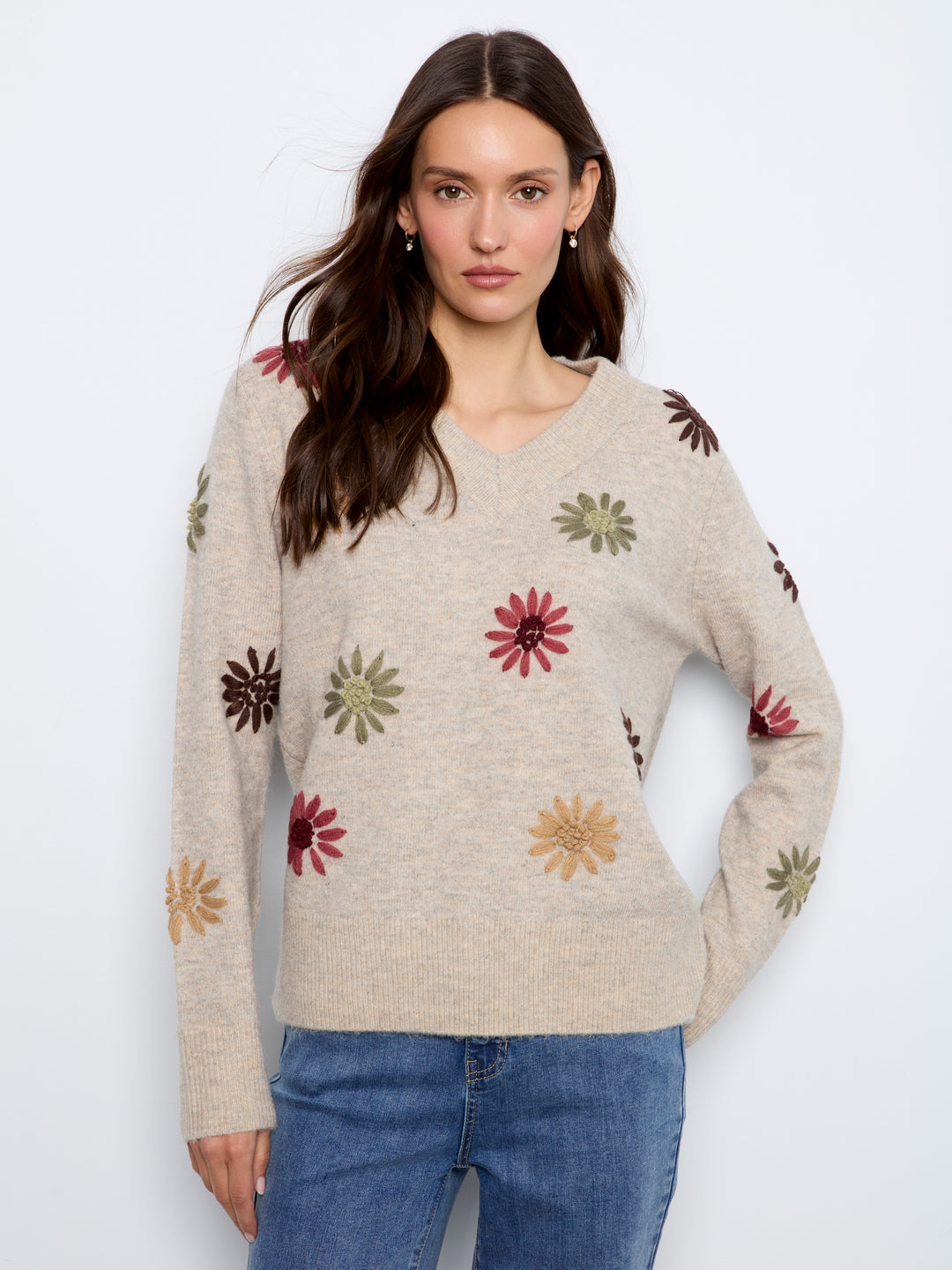 Natural Flower Embroidered V-Neck Sweater