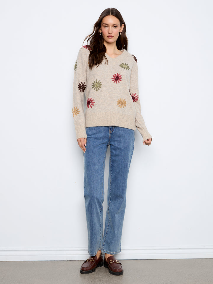 Natural Flower Embroidered V-Neck Sweater