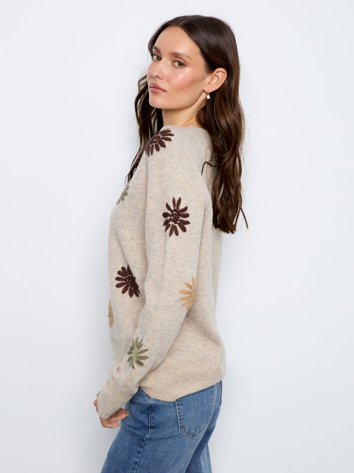 Natural Flower Embroidered V-Neck Sweater