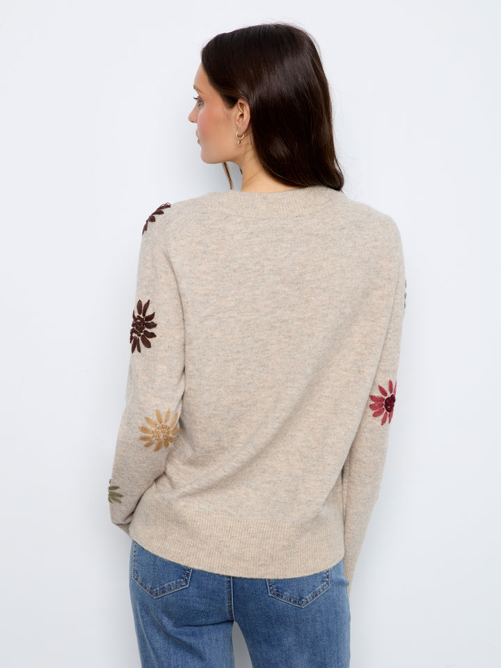 Natural Flower Embroidered V-Neck Sweater