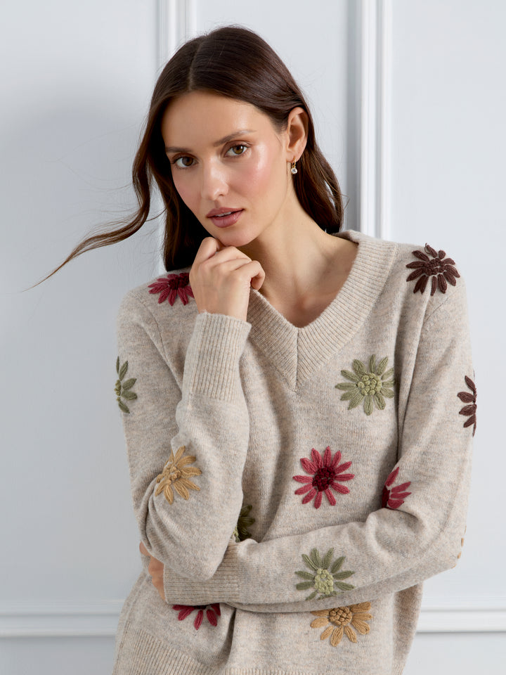 Natural Flower Embroidered V-Neck Sweater