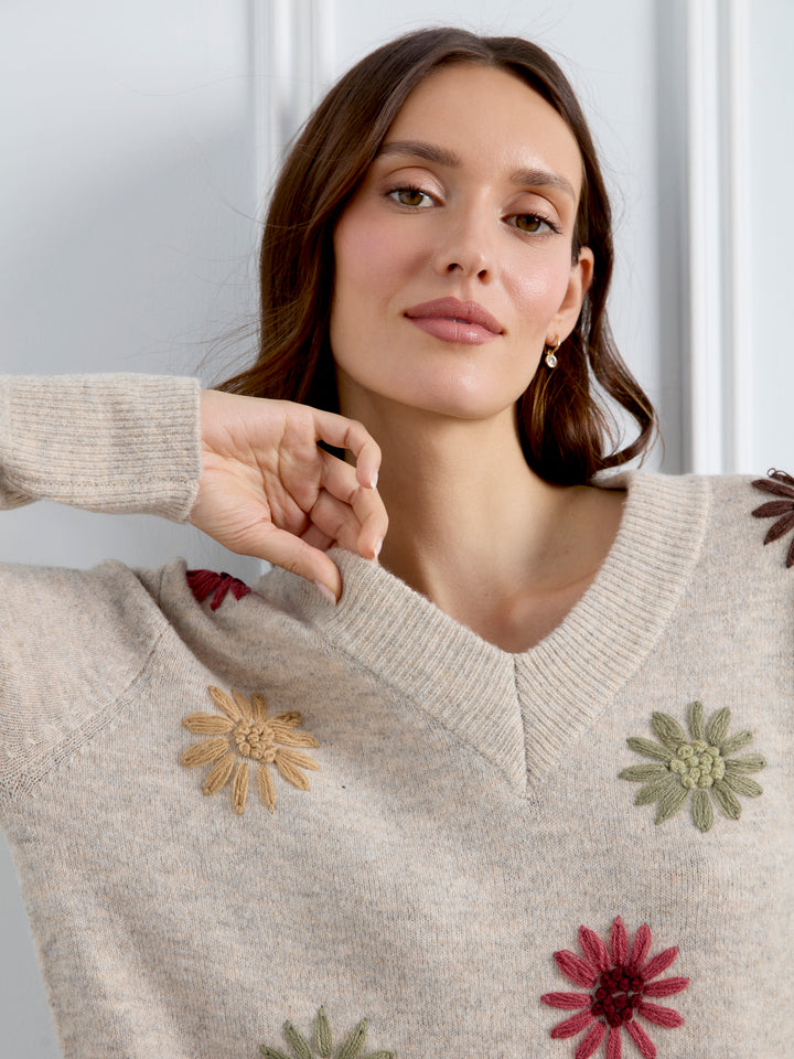 Natural Flower Embroidered V-Neck Sweater