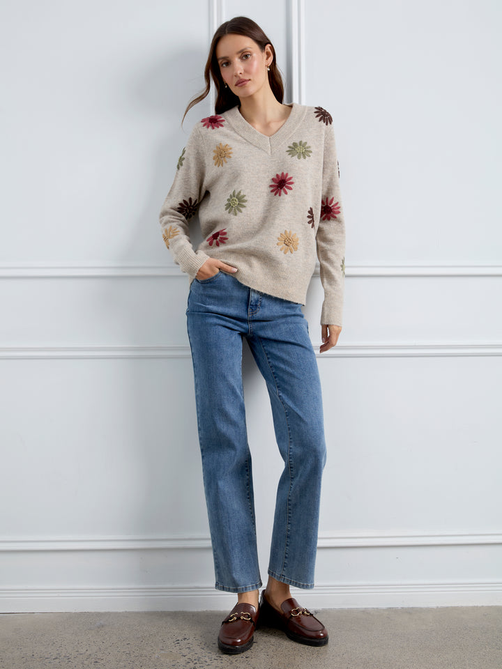 Natural Flower Embroidered V-Neck Sweater