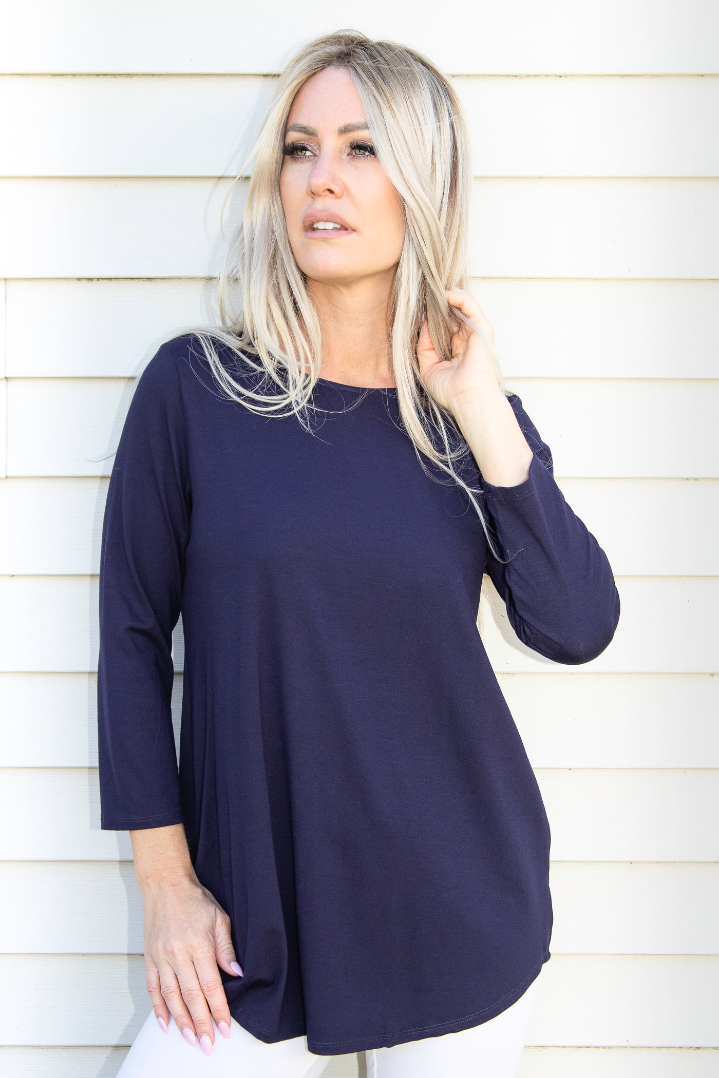 Navy Bamboo Round Neck Top