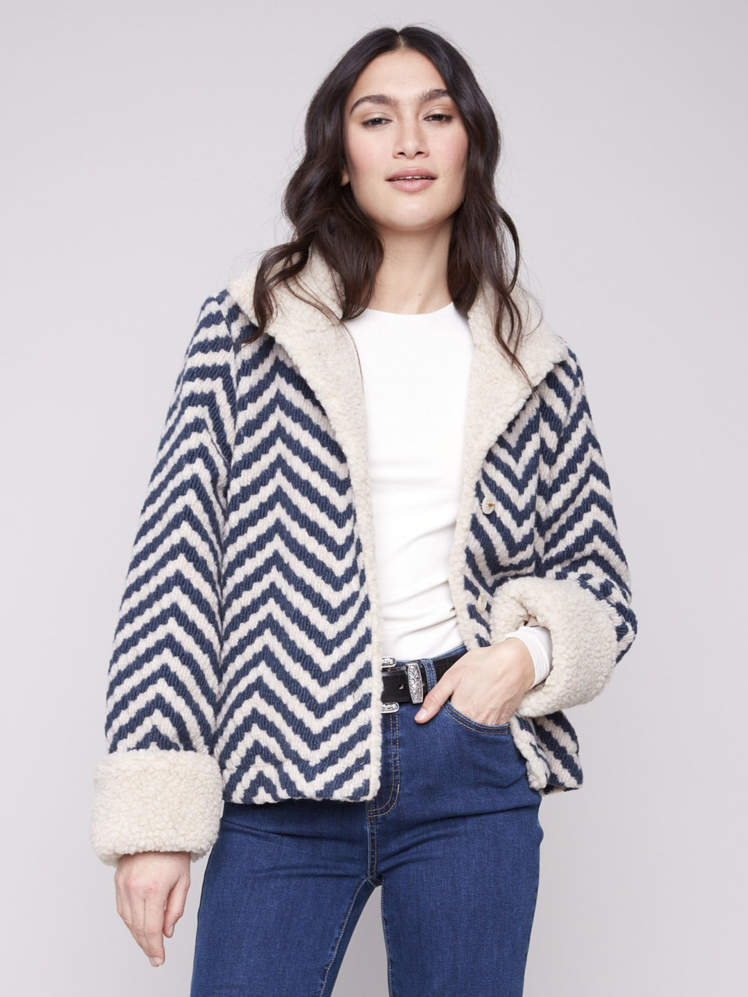 Navy Chevron Boucle Sherpa Trim Jacket