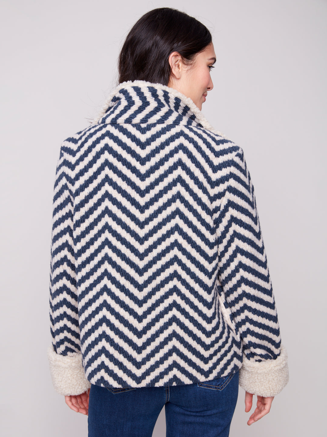 Navy Chevron Boucle Sherpa Trim Jacket