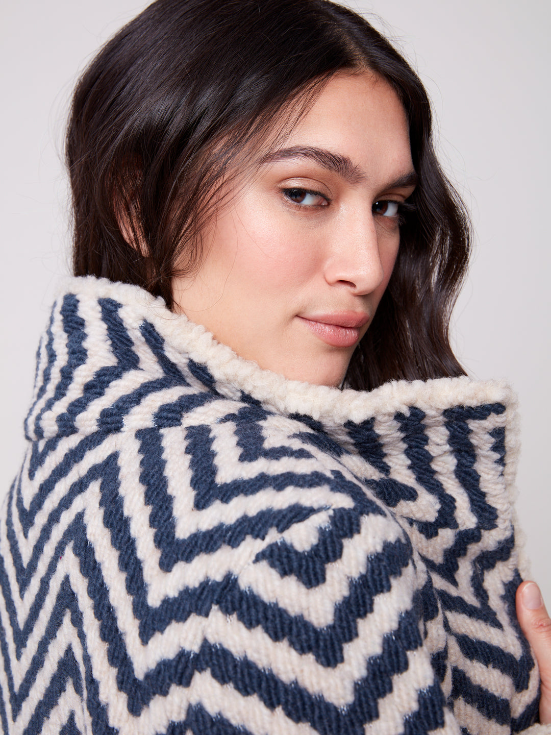 Navy Chevron Boucle Sherpa Trim Jacket