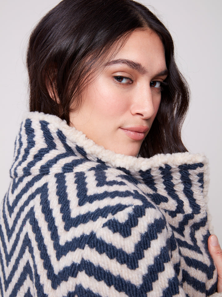 Navy Chevron Boucle Sherpa Trim Jacket