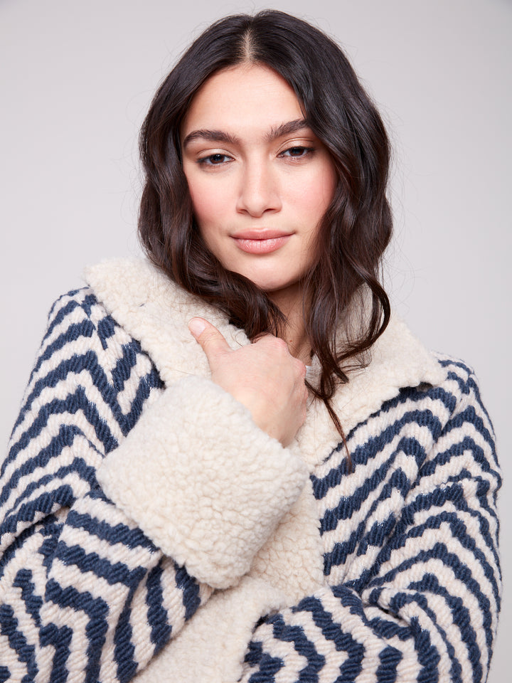 Navy Chevron Boucle Sherpa Trim Jacket