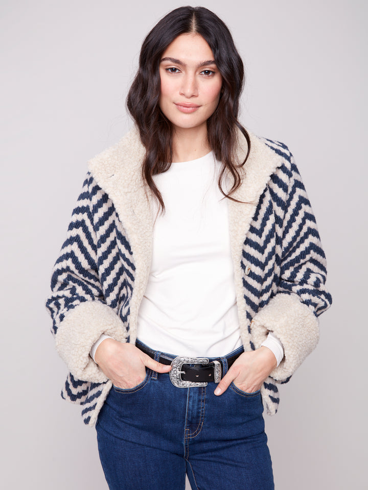 Navy Chevron Boucle Sherpa Trim Jacket