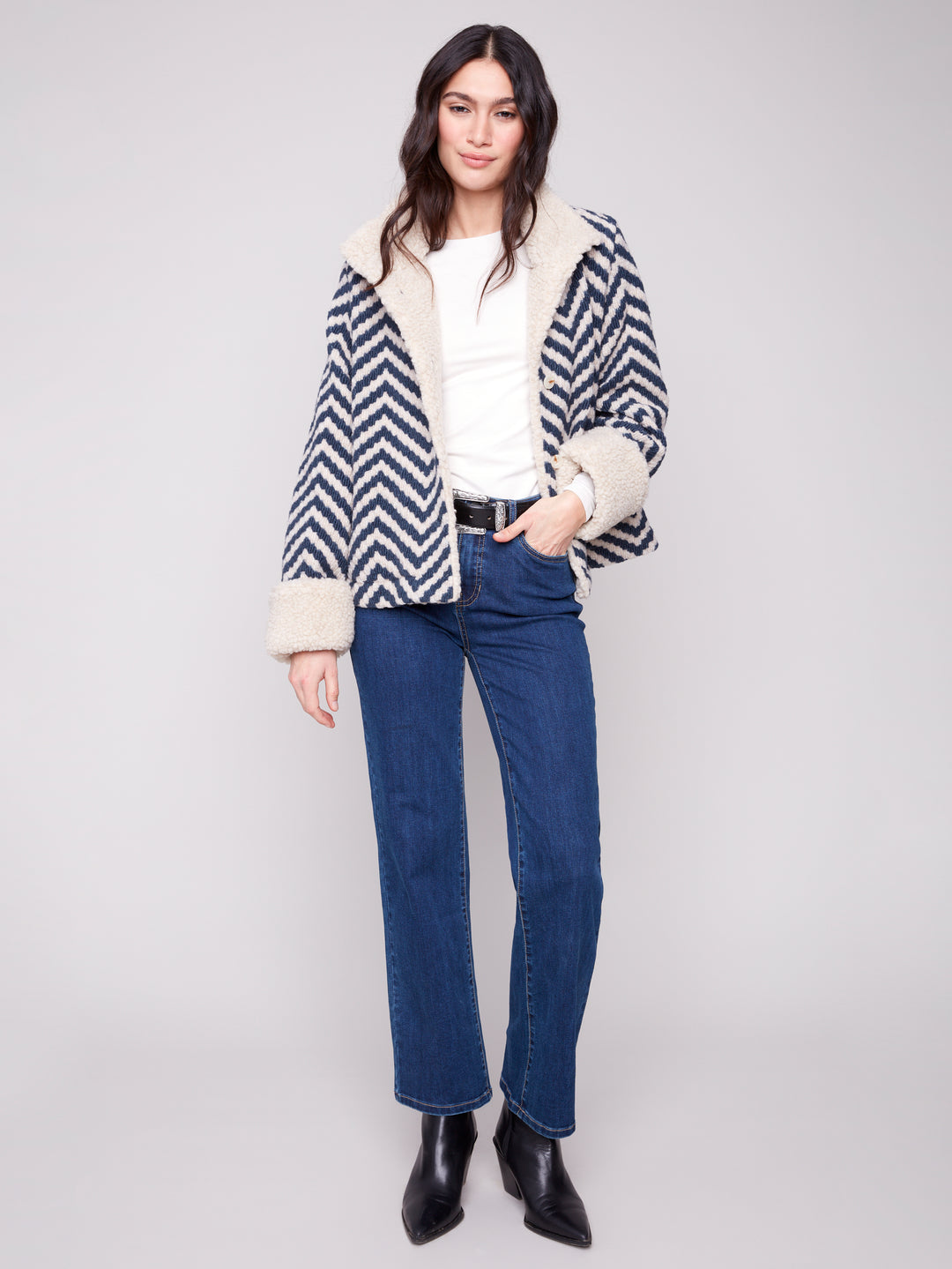 Navy Chevron Boucle Sherpa Trim Jacket