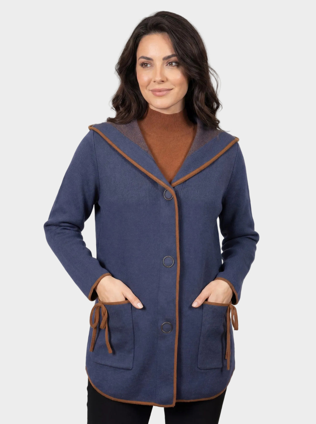 Navy Contrast Trim Hooded Cardigan