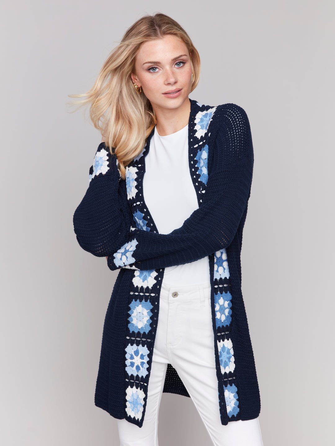 Navy Crochet Border Cardigan