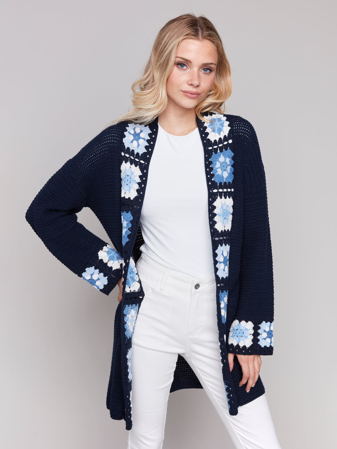 Navy Crochet Border Cardigan