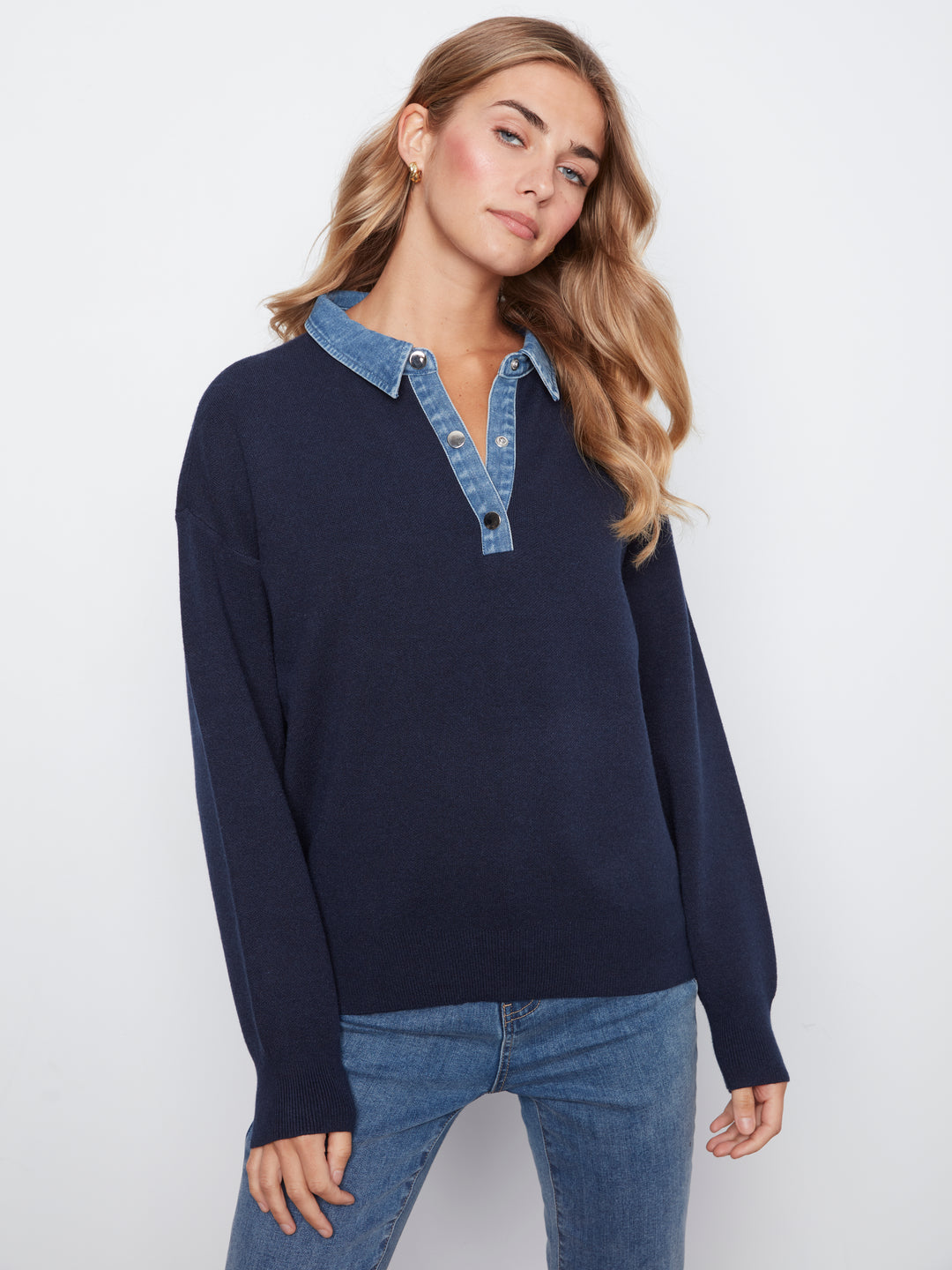 Navy Denim Shirt Collar Polo Sweater