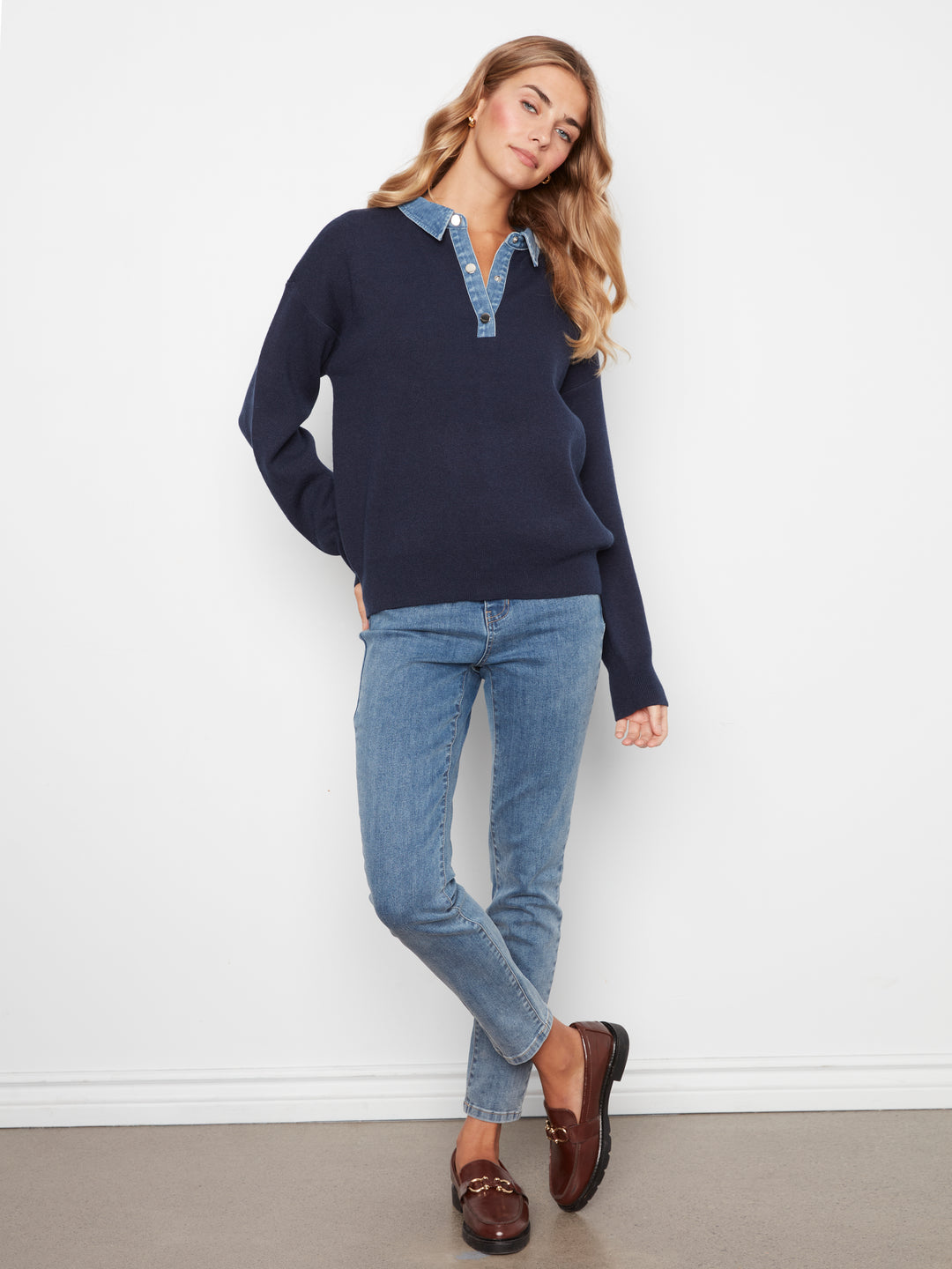 Navy Denim Shirt Collar Polo Sweater