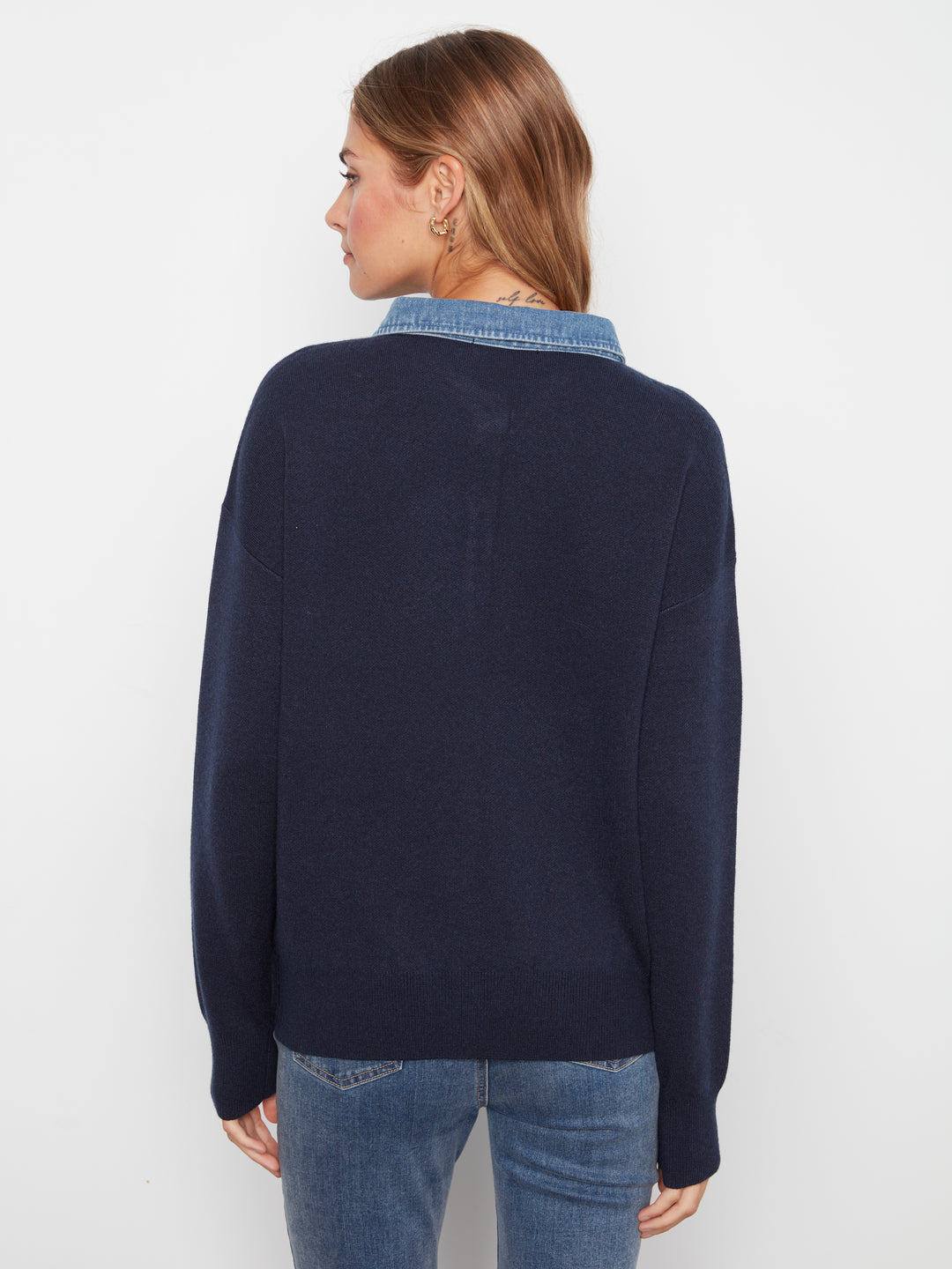 Navy Denim Shirt Collar Polo Sweater