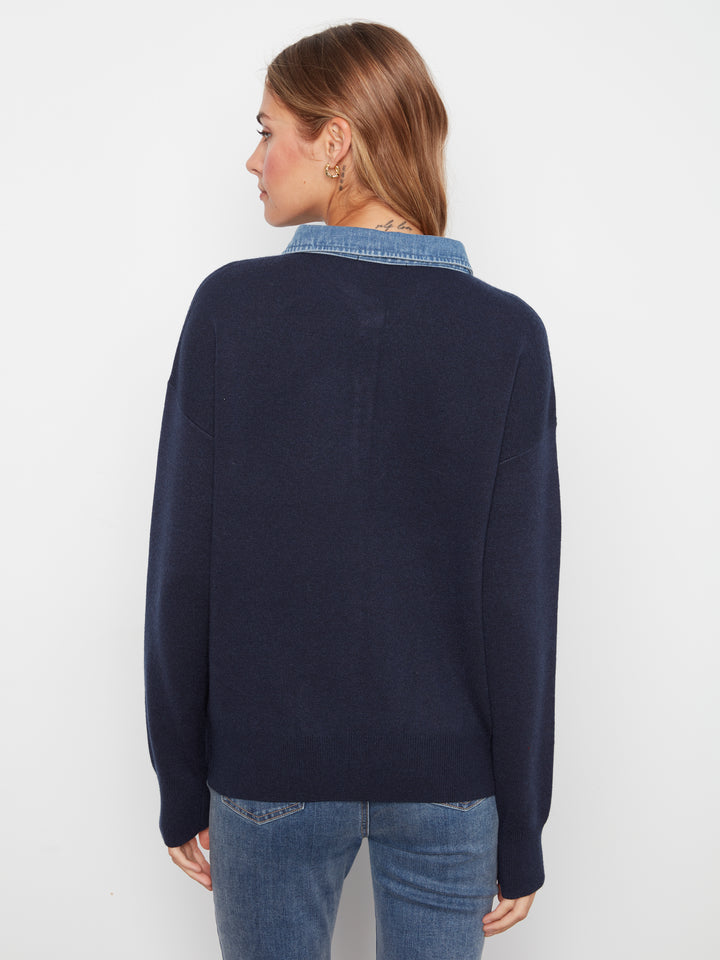 Navy Denim Shirt Collar Polo Sweater