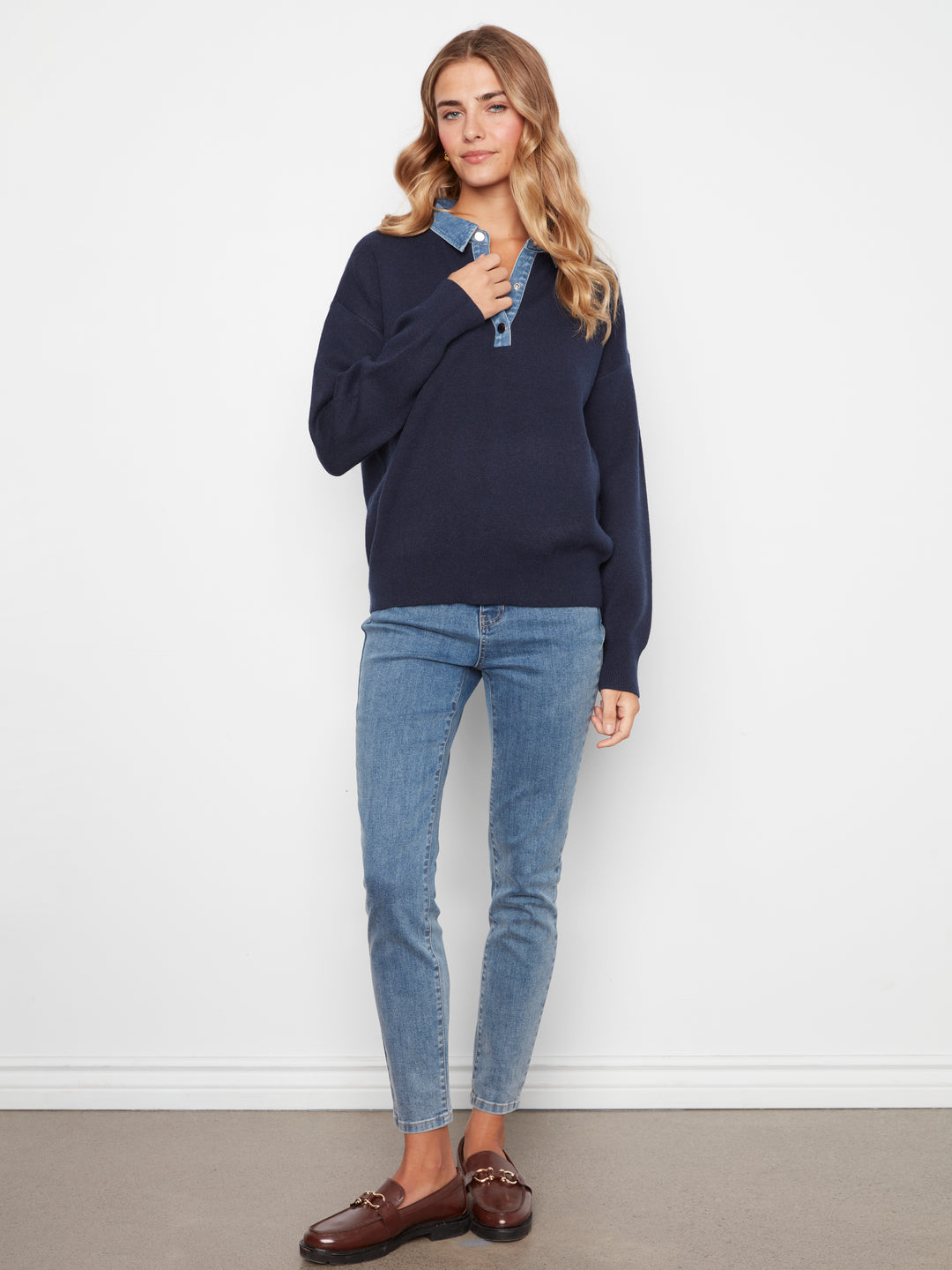 Navy Denim Shirt Collar Polo Sweater