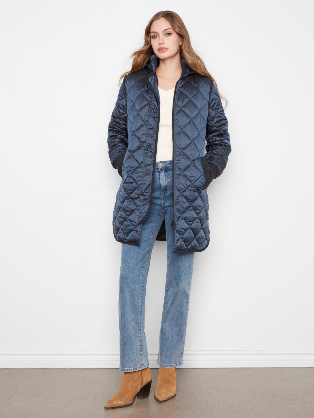 Navy Diamond Quilted Jacket with Detachable Hood