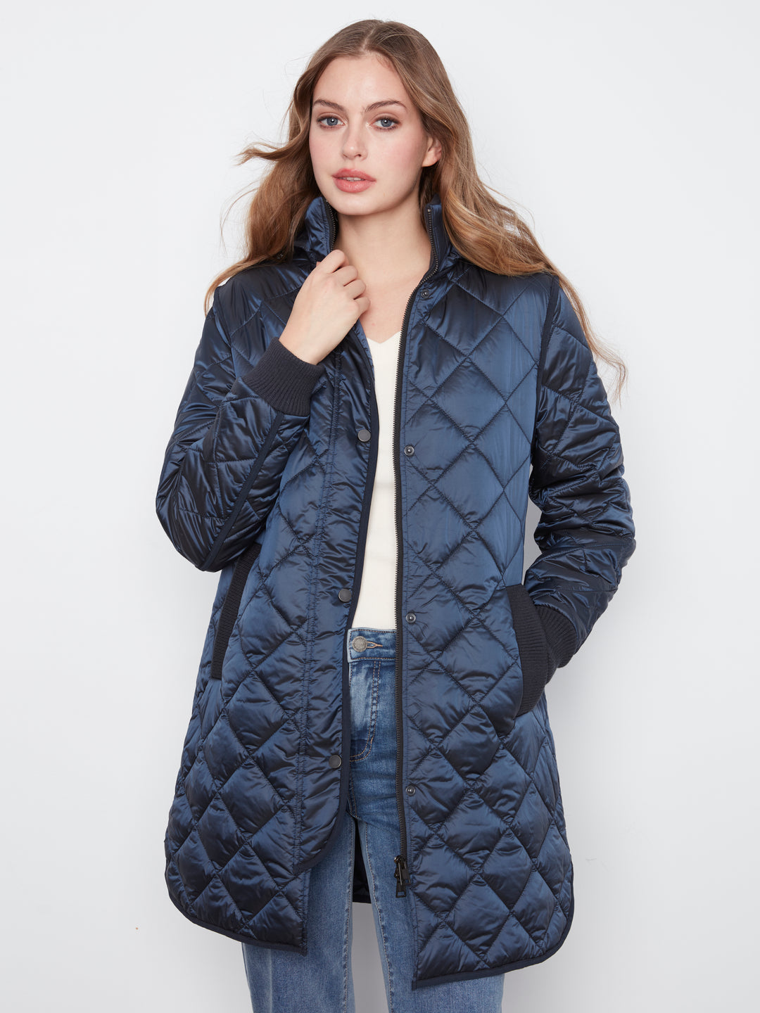 Navy Diamond Quilted Jacket with Detachable Hood