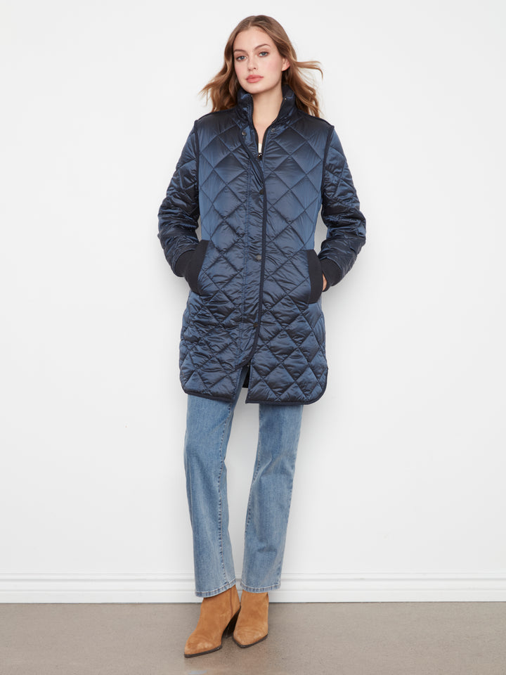 Navy Diamond Quilted Jacket with Detachable Hood