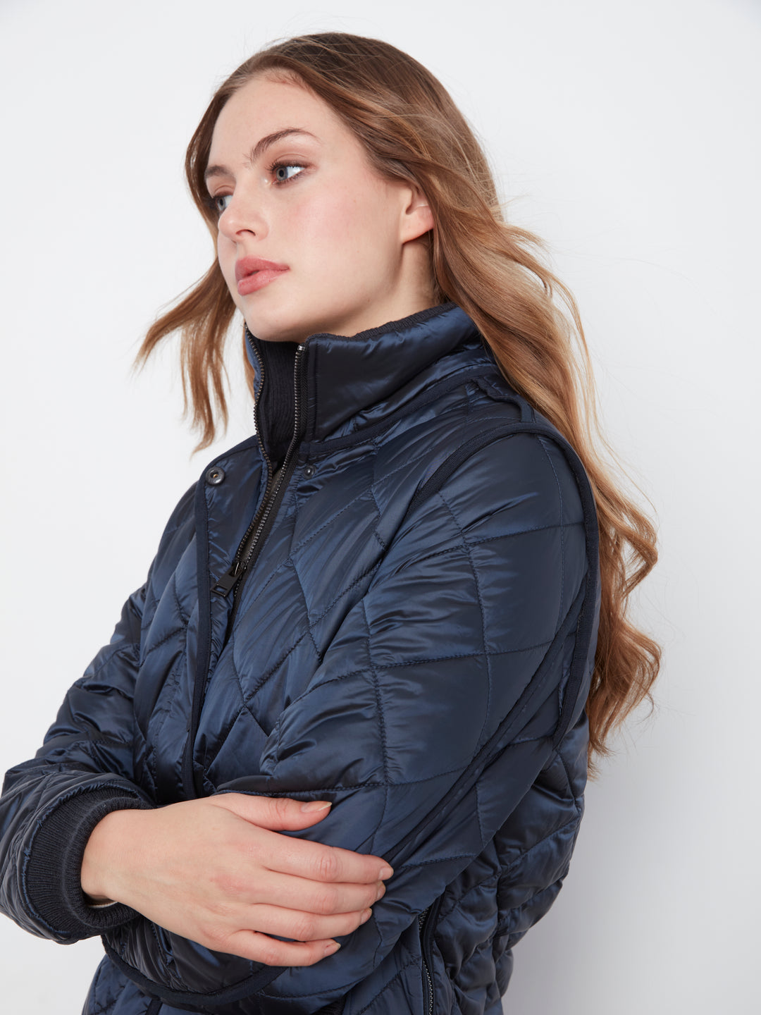Navy Diamond Quilted Jacket with Detachable Hood
