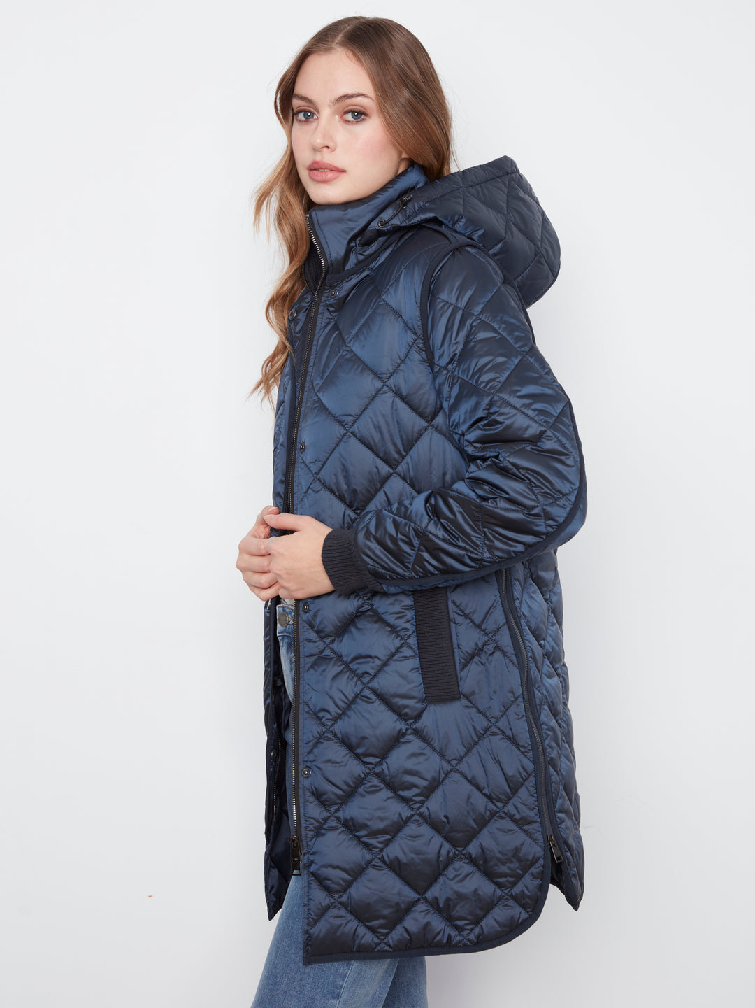 Navy Diamond Quilted Jacket with Detachable Hood
