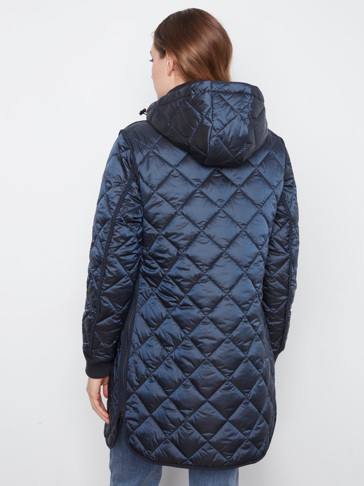 Navy Diamond Quilted Jacket with Detachable Hood