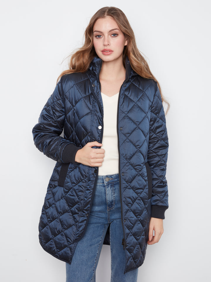 Navy Diamond Quilted Jacket with Detachable Hood