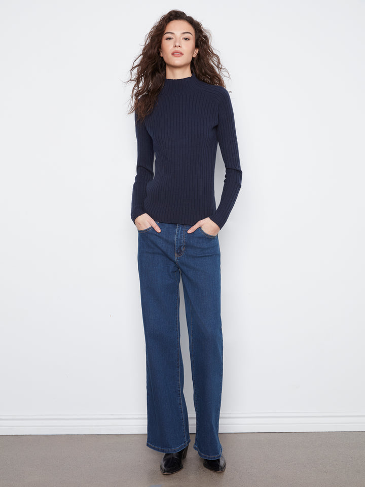 Navy Essential Mock Neck Ribbed Sweater