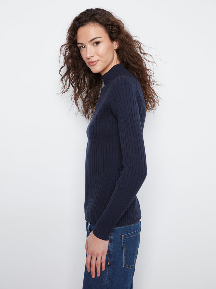 Navy Essential Mock Neck Ribbed Sweater