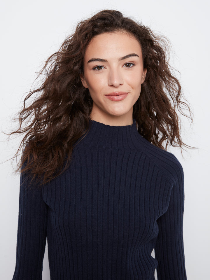 Navy Essential Mock Neck Ribbed Sweater