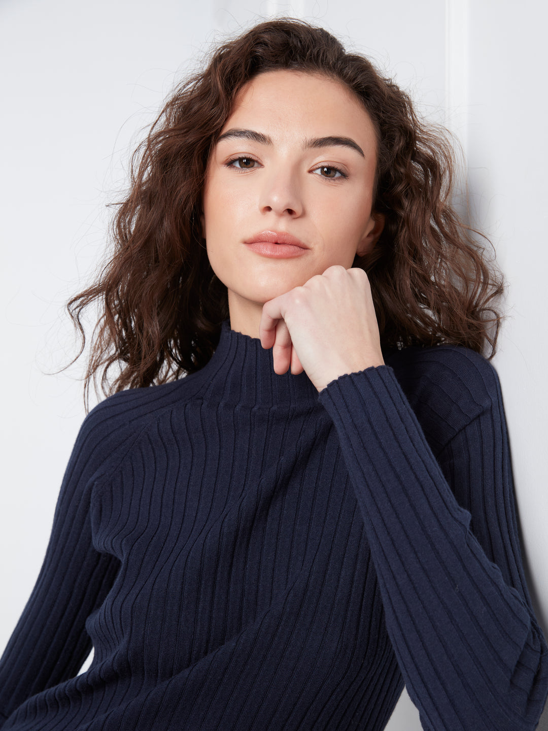 Navy Essential Mock Neck Ribbed Sweater