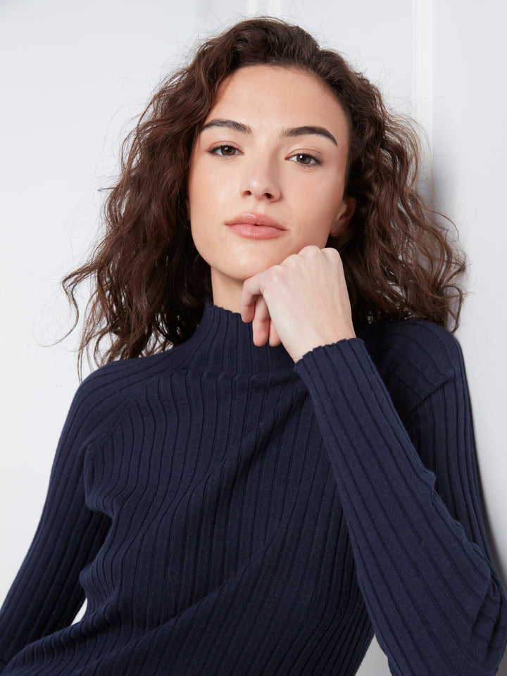 Navy Essential Mock Neck Ribbed Sweater