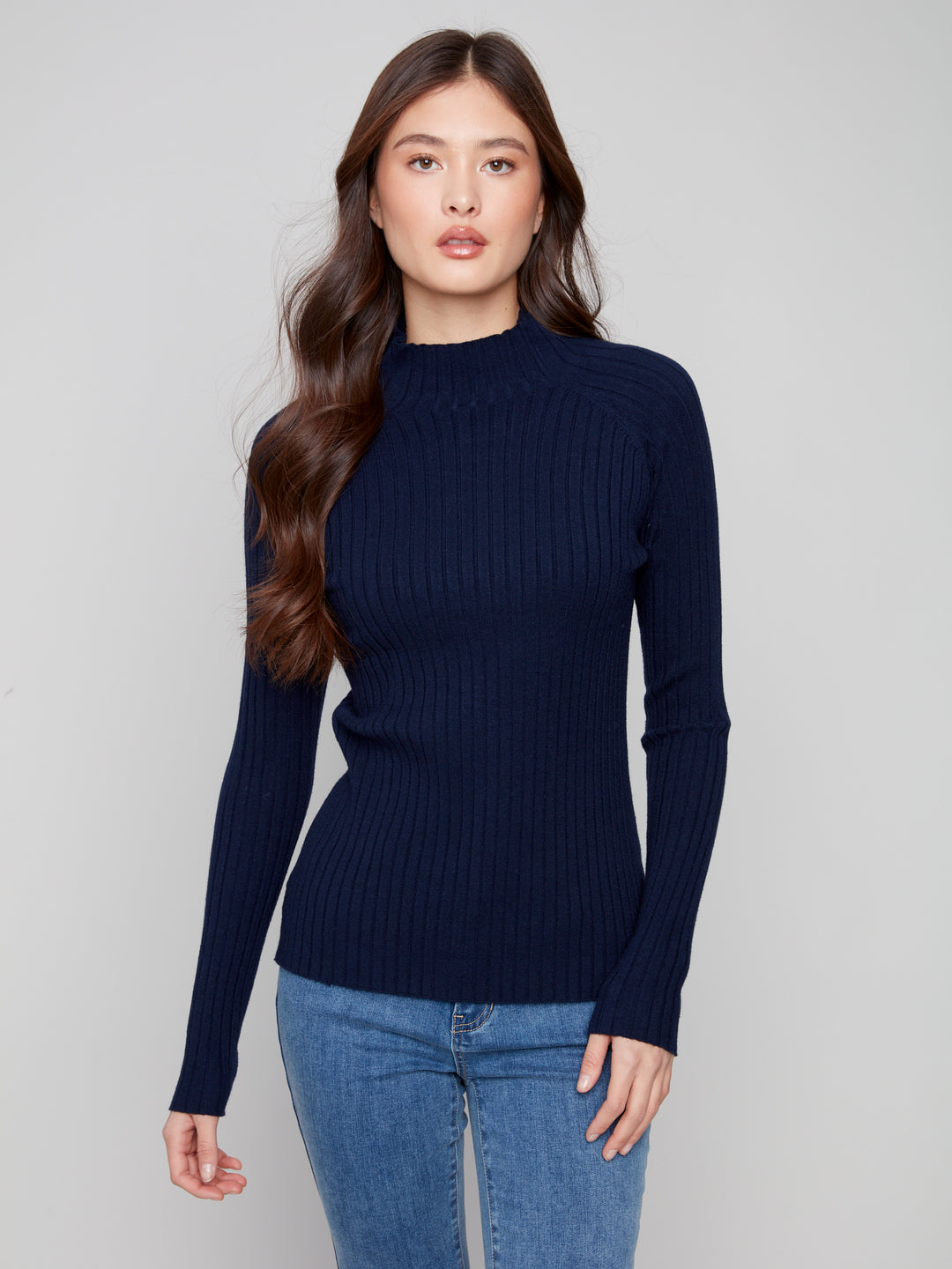 Navy Essential Mock Neck Ribbed Sweater