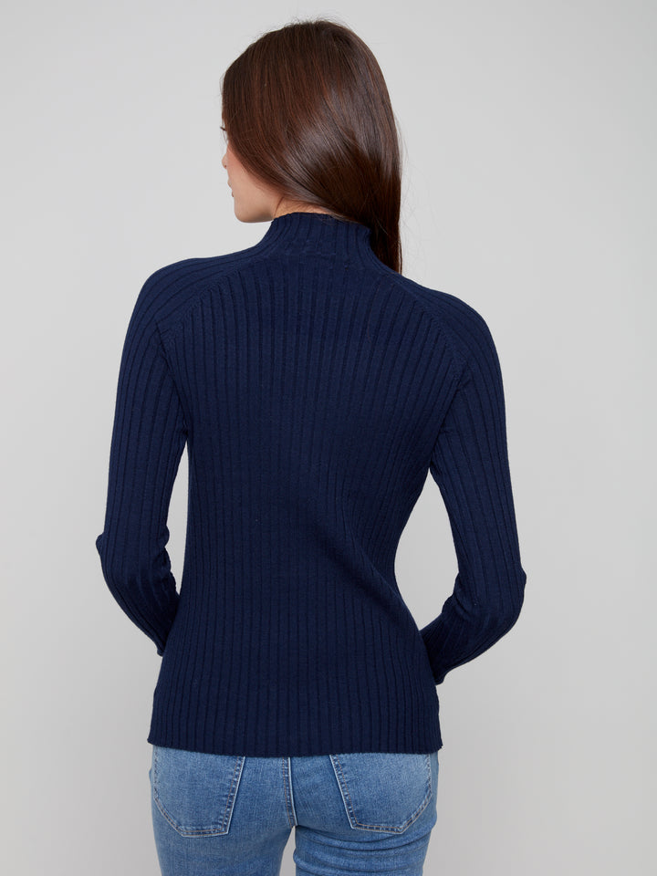 Navy Essential Mock Neck Ribbed Sweater